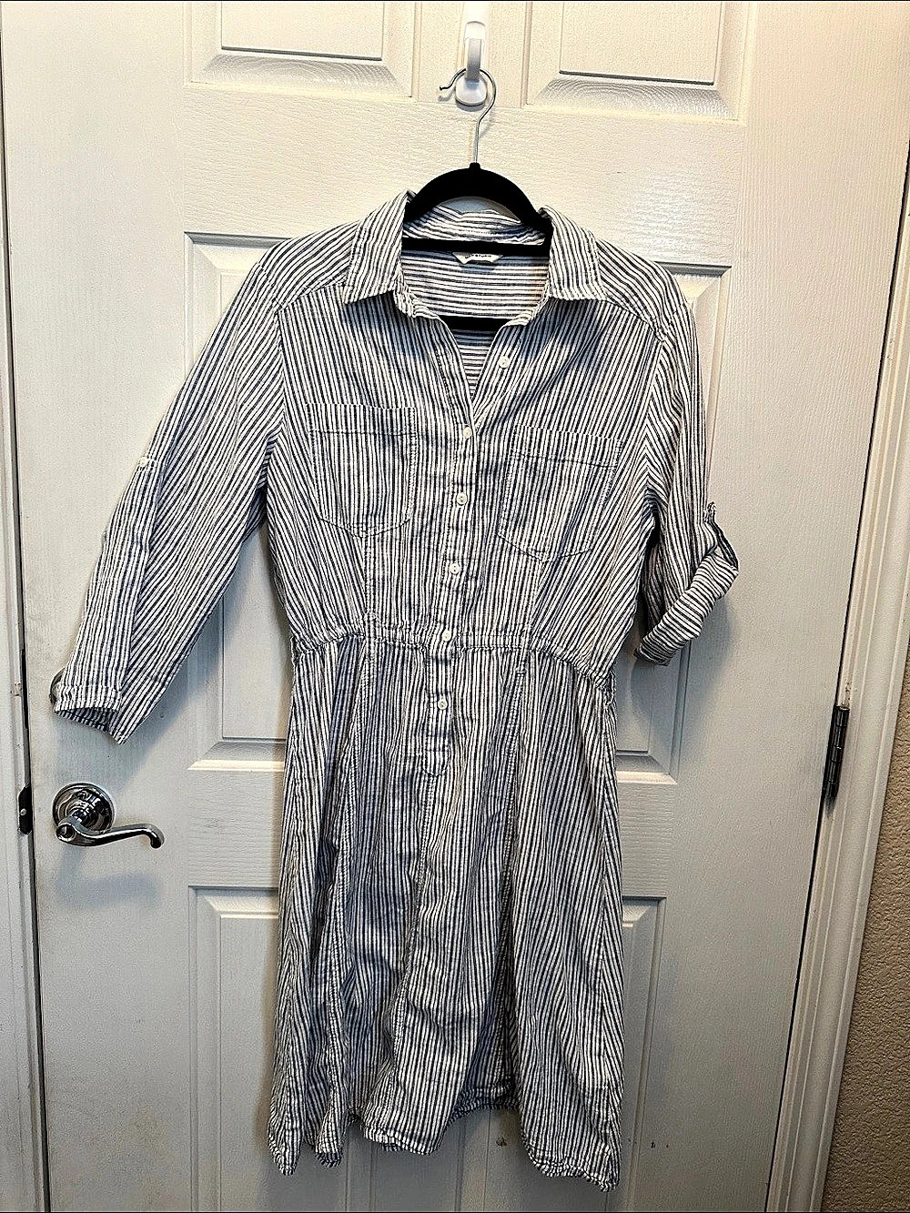 Max Studio Striped Cotton Linen Midi Dress in Blue & White Stripe Vacation